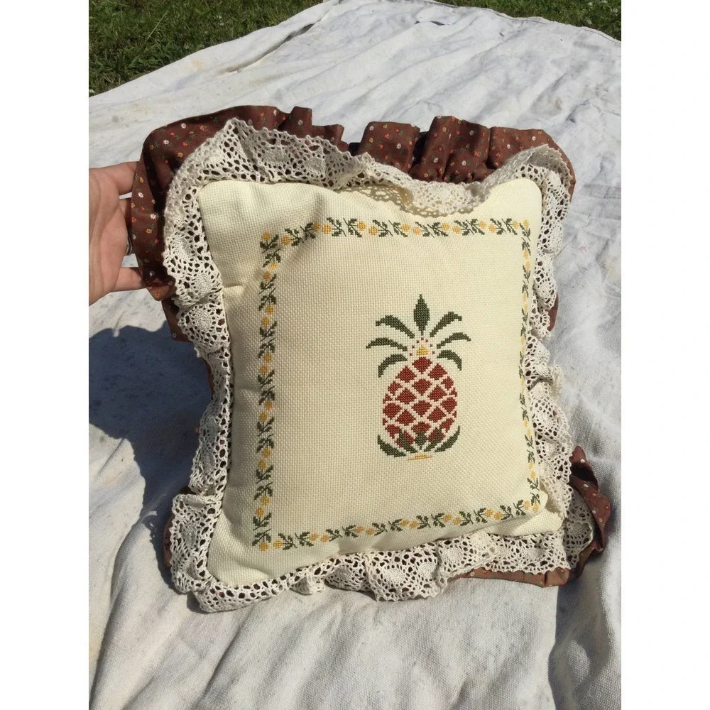 Vintage Decorative pillow‎ embroidered pineapple 13” cross-stitch floral brown